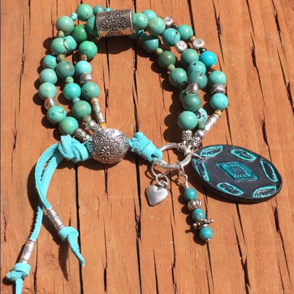 Handmade Genuine Turquoise and Hearts Hill Tribe Silver Bracelet, Sundance Style